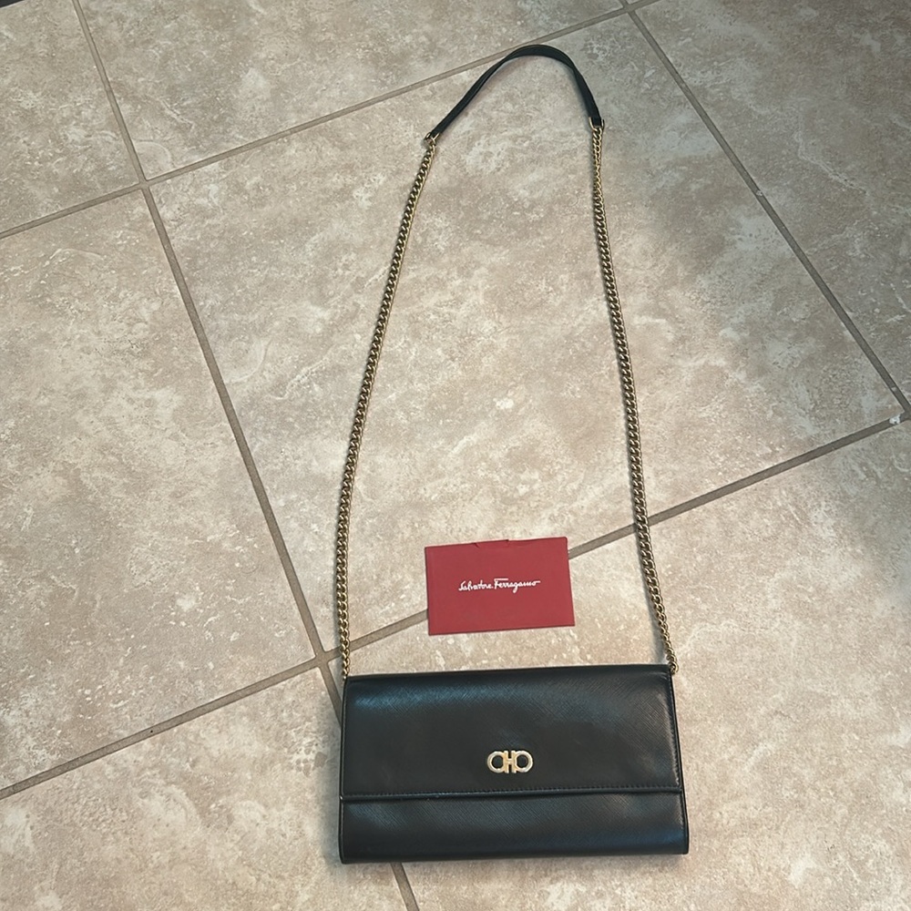 Salvatore Ferragamo Black Leather Chain Crossbody Bag with Gold Hardware